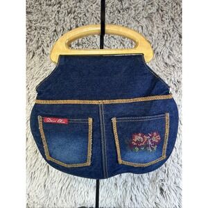 Denim Blues Cross Stitch Flower Faded‎ Pockets Purse Round Wooden Handle Small